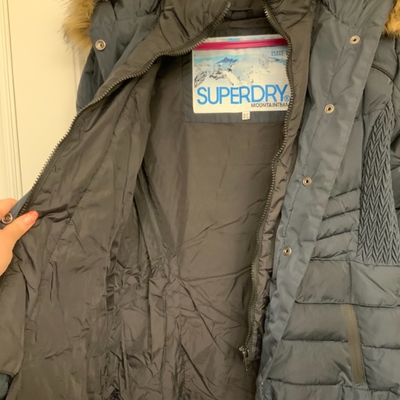 [SUPERDRY] black waterproof down jacket faux fur women size 8 (M) feather parka - Picture 6 of 11